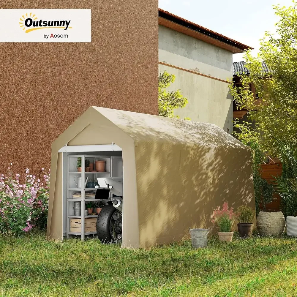 Durable Outdoor Storage Shed, 7x12 ft, Waterproof Garden Tent with Vent Window & Zipper Door for Bikes, Tools, Beige