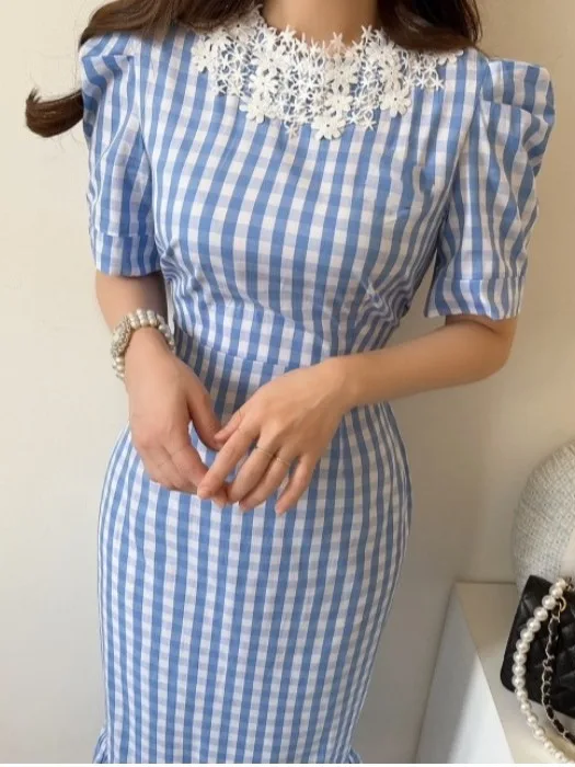 

Retro Ele Sweet Lace Stand Collar Slimming Summer Dr Women's Bubble Sve Fi Tail Skirt Casual Faionable Dr