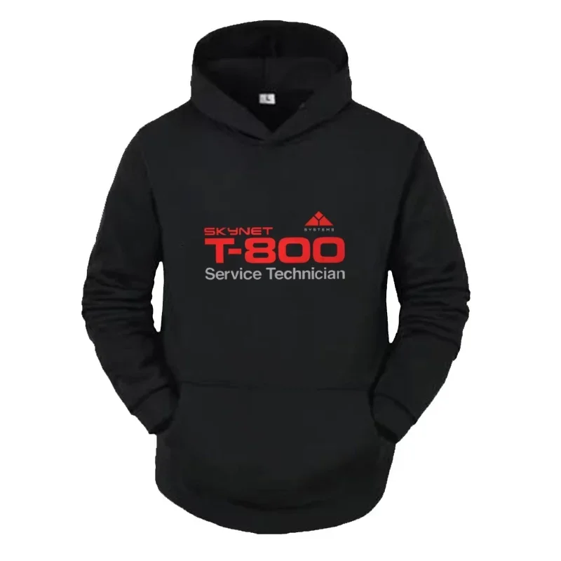 Men's Black Hoodie Retro Orange Skynet Triangle Mark T 800 Technician Text Terminator Movie Enthusiast Casual Loose Coat