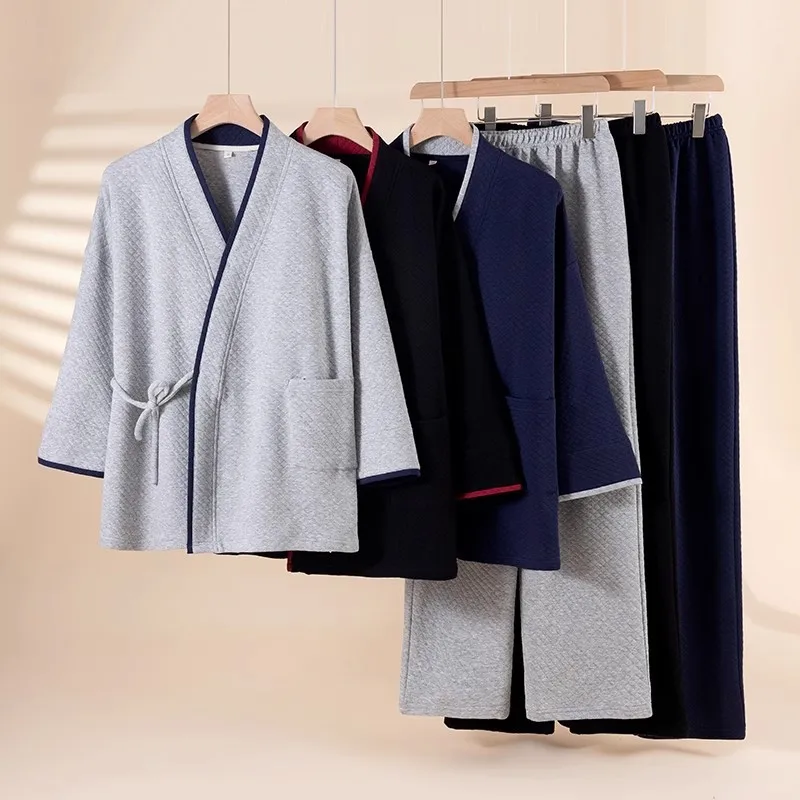 

Японский костюм-кимоно, мужские пижамы из 100% воздушного хлопка, брюки с длинными рукавами, костюм-кимоно из двух предметов для мужчин, простая одежда для сна, состоящая из двух частей