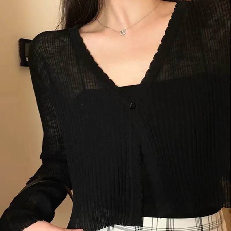 Long Sleeve One Button Front Cardigan Lightweigh Rib-Knit Crop Sweater Women Cover-Up Spring Summer Teengirl Y2K Sweater NS5902