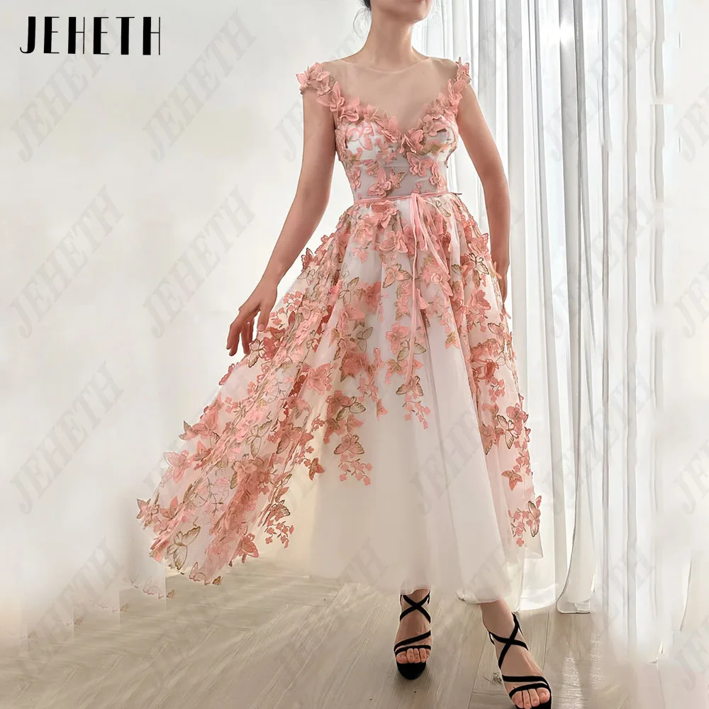 JEHETH rosa ricamo pizzo Midi abiti da ballo maniche ad aletta lunghezza alla caviglia Tulle a-line Scoop Neck fiori 3D abiti da festa 2024JEHETH Rosa Ricamo Pizzo Midi Prom Dresses Cap Maniche Lunghezza Caviglia Tulle