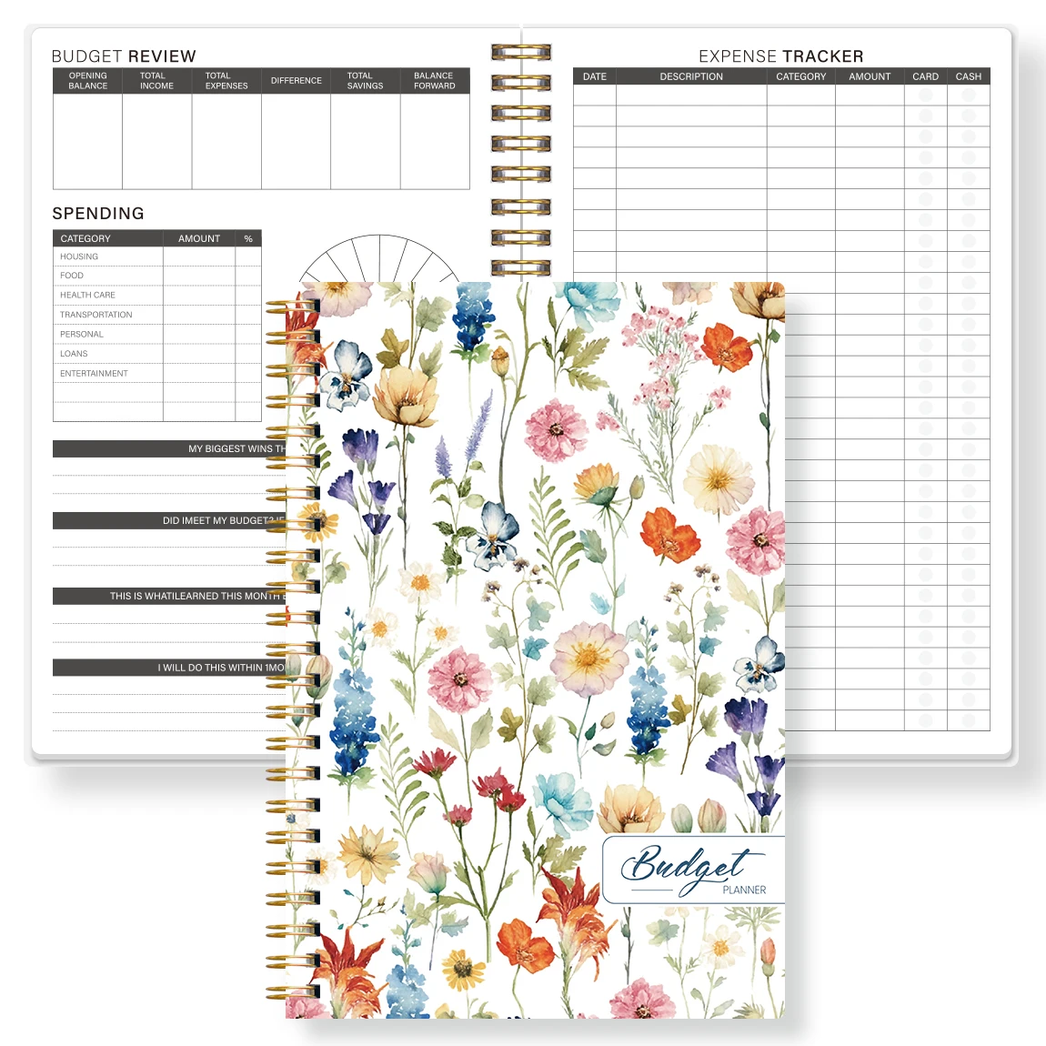 A5 Floral Budget Notebook, Coil Journal for Income Expense Management, Monthly Budget Tracker, Portable Finance Planner