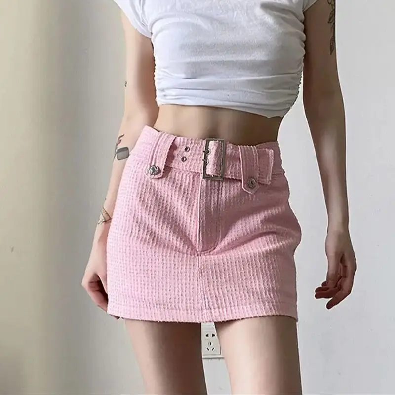 Skirt With Belt Pink High-Waisted Slim-Fitting Hip-Covering Women Waist Slimming Sweet Versatile A-Line Short Skirt For Summer