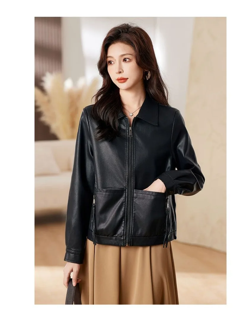 New 2026 Temperament PU Leather Jacket Women's Autumn Lapel Loose Motorcycle Jacket Ladies Casual Female Outwear Overcoat