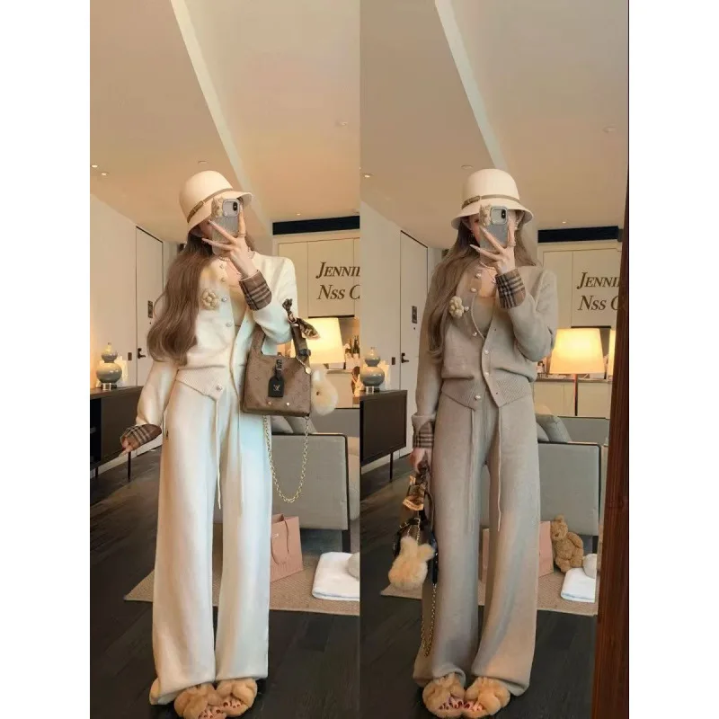 2025 Lazy Commuter Niche Wear Thin and Versatile Long-sleeved Cardigan High-waisted Casual Wide-leg Pants Women's Two-piece Set