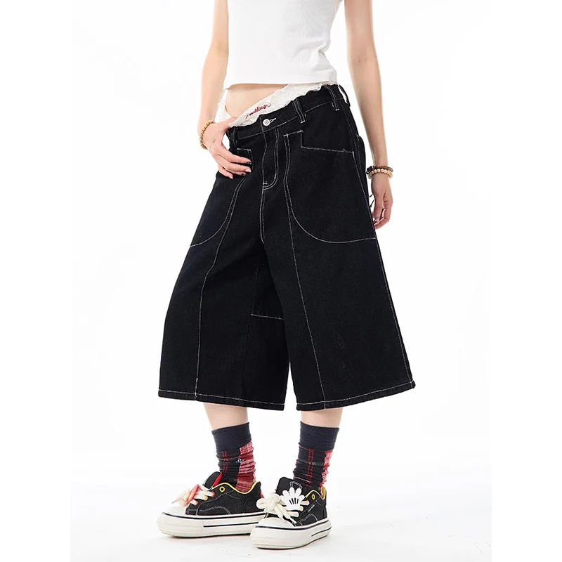 

ZHIZOU Women Black Short Jeans American Vintage Y2K Straight Streetwear Wide Leg Pants High Waist Summer Knee Length Denim Short