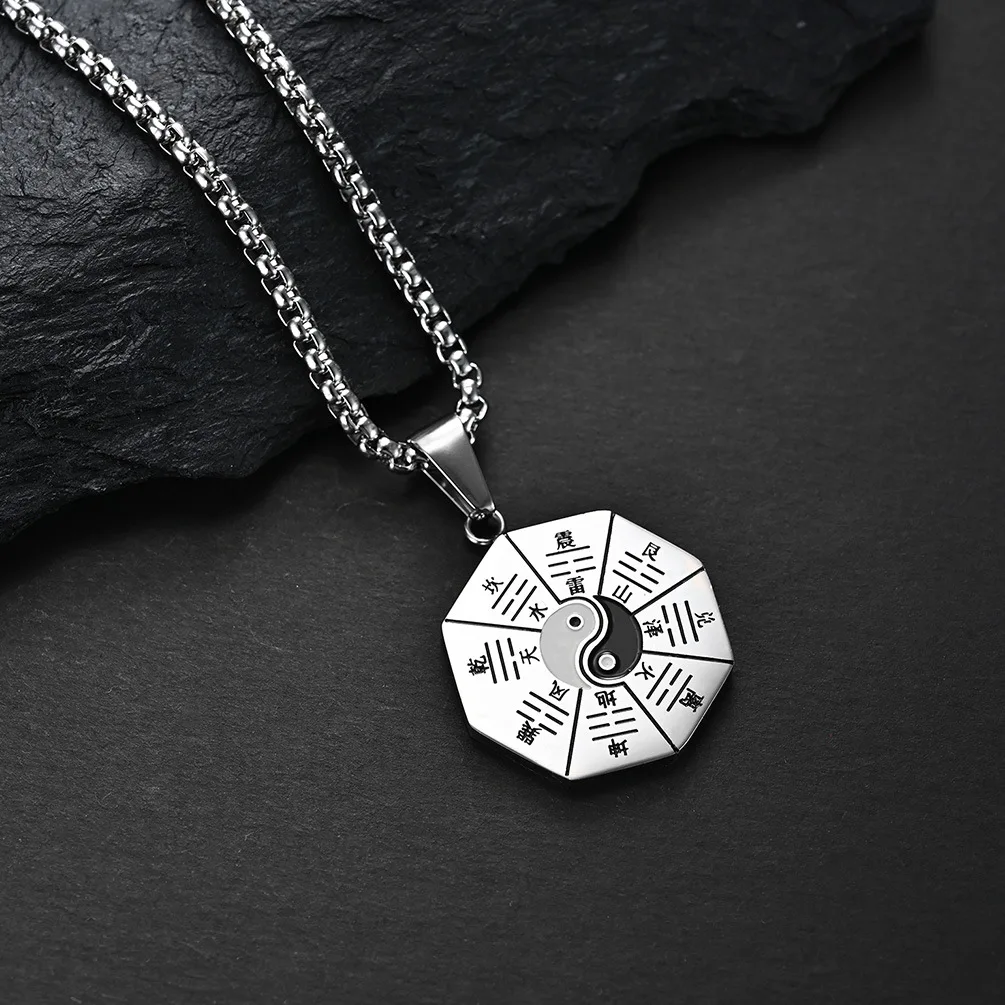 Tai Chi Ji Octagon Geometric Necklace Yin Yang Gossip Eight Trigrams Ninja Black White Stainless Steel Pendant Couple Jewelry