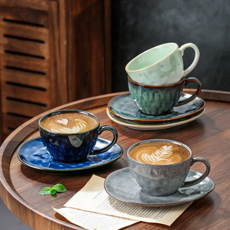 Retro Kiln Ceramic Coffee Mug Chino Latte Fancy Coffee Mug and Saucer Set Home Ceramic Mug Breakfast Milk Cup 250ml Tea Set