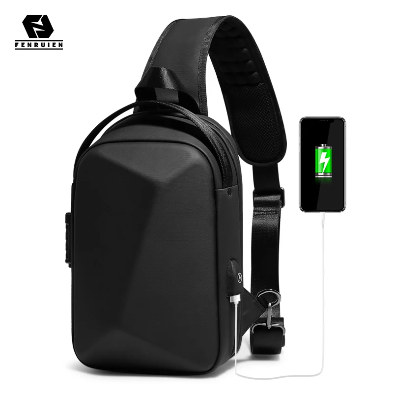 Fenruien Men\'s Bag Shoulder Bag Multifunction Anti-theft Waterproof Male Crossbody Bag Casual Short Trip Chest Pack USB Charging