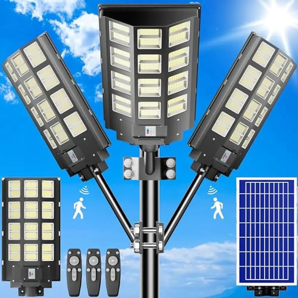 Solar Street Light 9600W 3-Pack 5730 SMD Lamp Beads 120000 Lumens Motion Sensor Timed Lighting Always Lighting Mode Dusk to Dawn