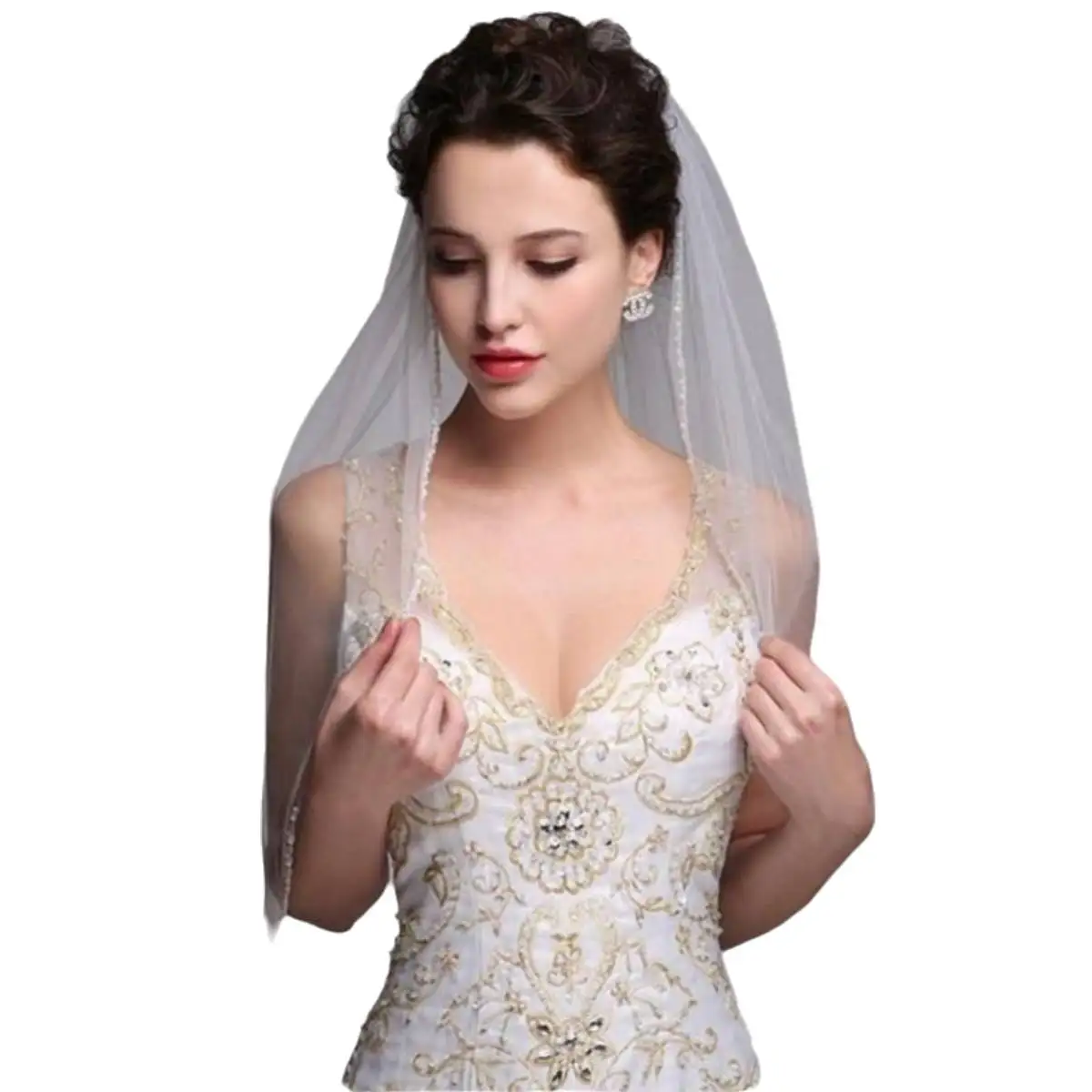 One Layer Bridal Veils With Comb Elbow Length Tulle Beaded Edge Short Wedding veil