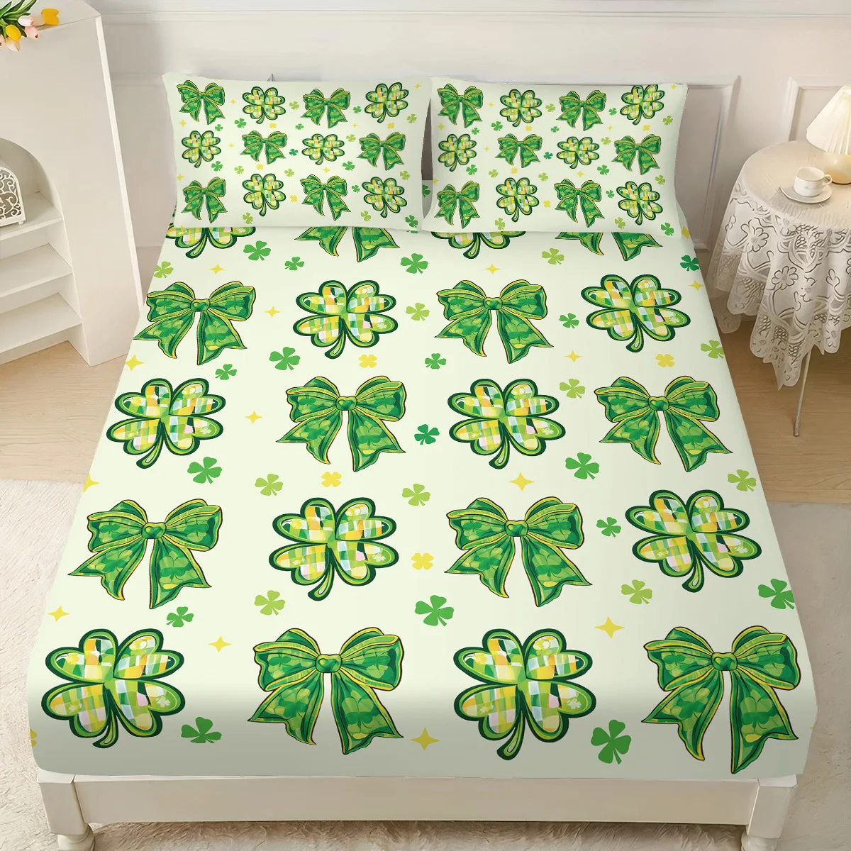 St Patrick's Day Clover Collection Fitted Bed Sheet Set with Pillowcases Soft Cozy European Home Textile Festive Bedroom Decor