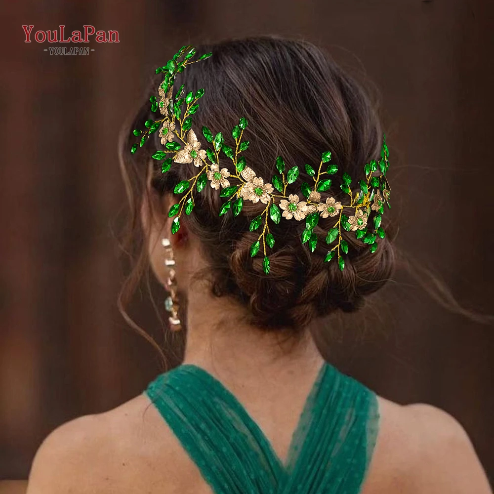 

TOPQUEEN Wedding Bridal Headband Multi Colored Rhinestones Alloy Leaf Hairwear Banquet Party Hair Band Handmade Headpiece HP880