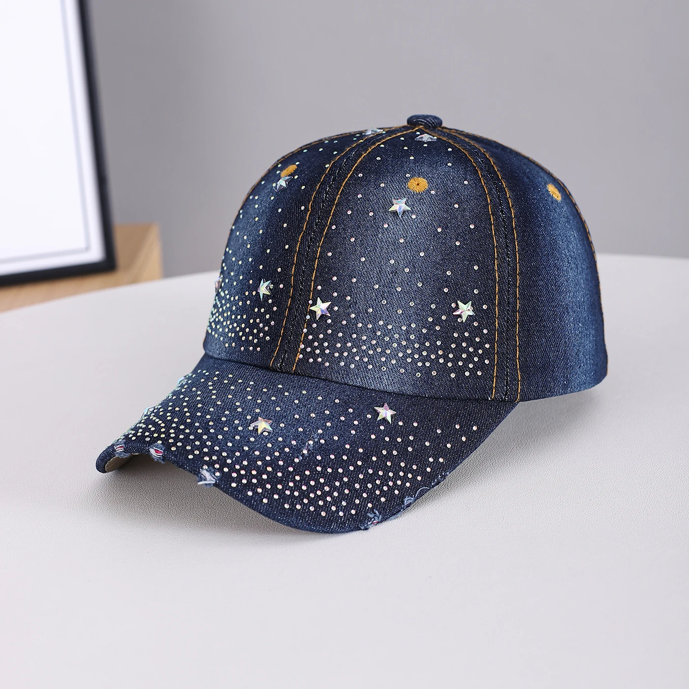 Gentle and Sweet-Cool Style Glittering Mini Star-Studded Gradient Rhinestone Sky-Patterned Denim Frayed Baseball Cap