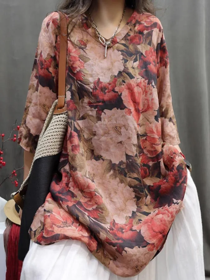 

Casual Linen Print Vintage Loose V-Neck Mid-Sleeve Midi Shirt Dress Skin-Friendly Breathable Comfortable Women's Casual Shirt
