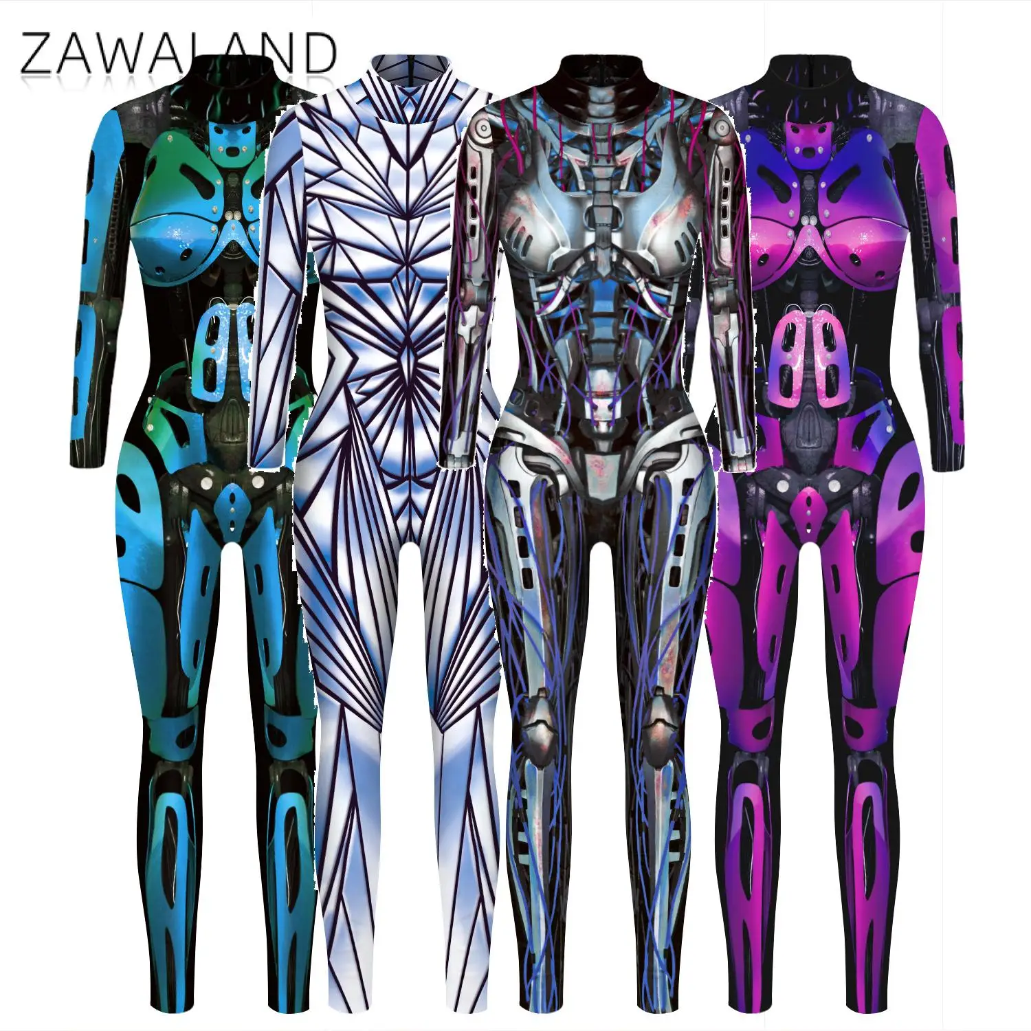 Zawaland หุ่นยนต์ Punk Jumpsuit Catsuit เซ็กซี่ผู้ใหญ่3D การพิมพ์ดิจิตอลชุดคอสเพลย์ Zentai ปาร์ตี้ฮาโลวีน Spandex Bodysuit