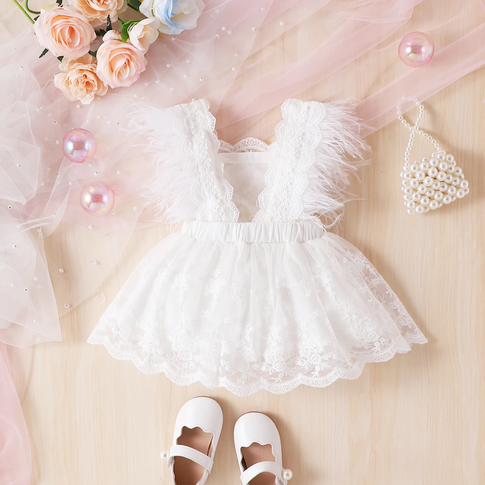 Baby Girl Spring And Autumn Feather Dress Summer Lace Princess Dress