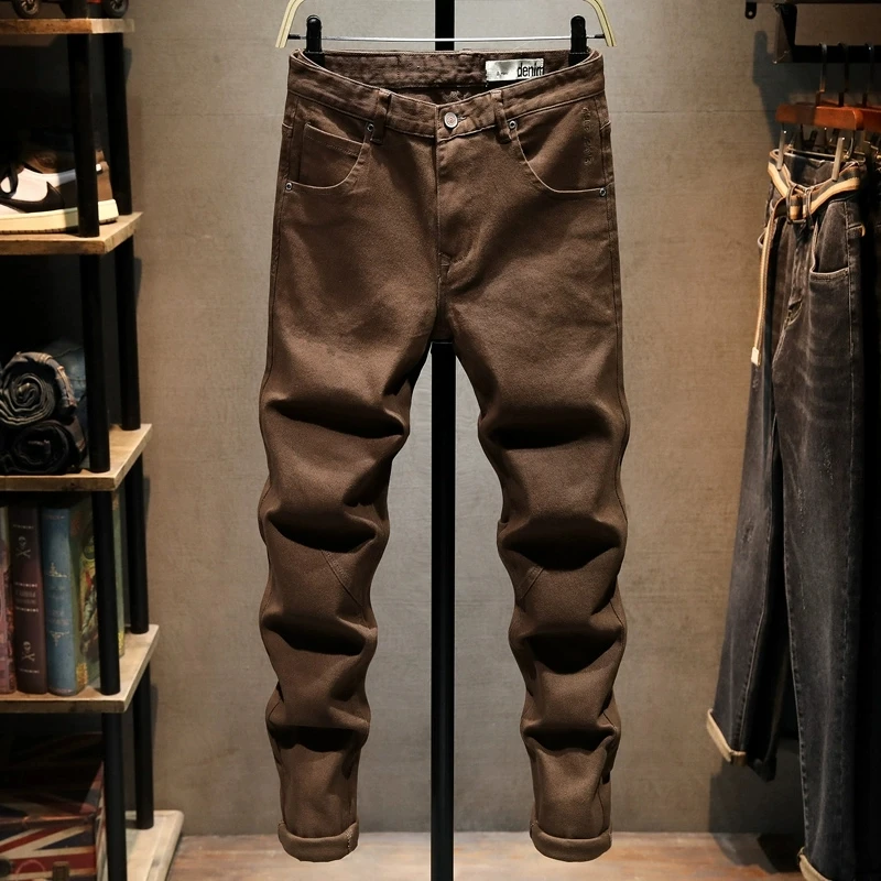 

Newly Designer Fashion Men Jeans Coffee Color Stretch Slim Fit Casual Vintage Jeans Men High Quality Leisure Denim Pants Hombre
