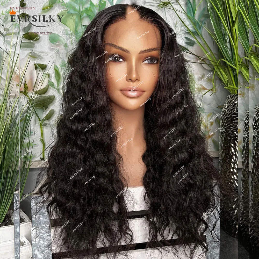 Loose Curly Black/Brown 100% Human Hair Wig Glueless U/V Part Wig Water Wave No Leave Out Human Hair Wigs For Women 250% Density