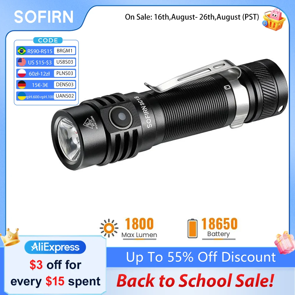Lanterna EDC SOFIRN SC18 1800lm com LED SST40, Lente Óptica TIR, Recarregável via USB-C