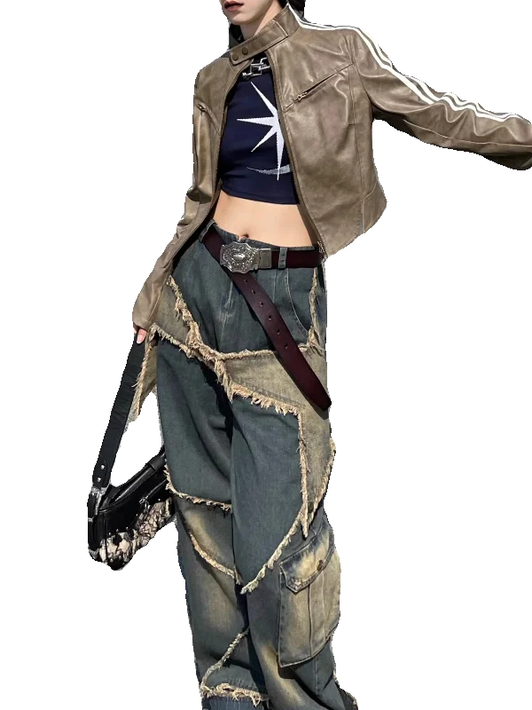 Vintage Jeans for Women XINGX Patch Straight-Leg Wide-Leg Pants