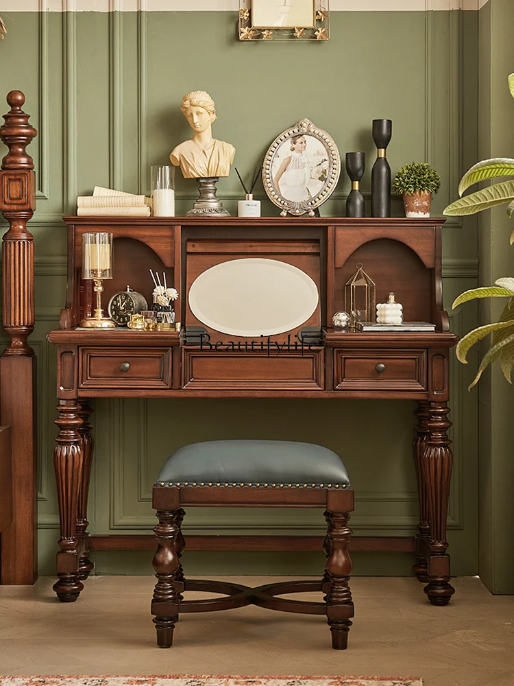 

05-American neoclassical gold silk teak all solid wood dresser flip cover multi-functional storage makeup table