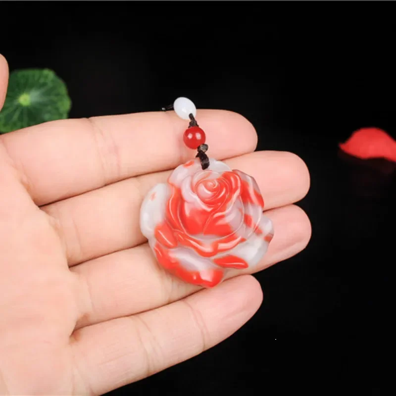Natural Chinese Hetian Red White Jade Rose Flower Pendant Necklace Hand-Carved Charm Jewelry Fashion Amulet Gifts for Men Women