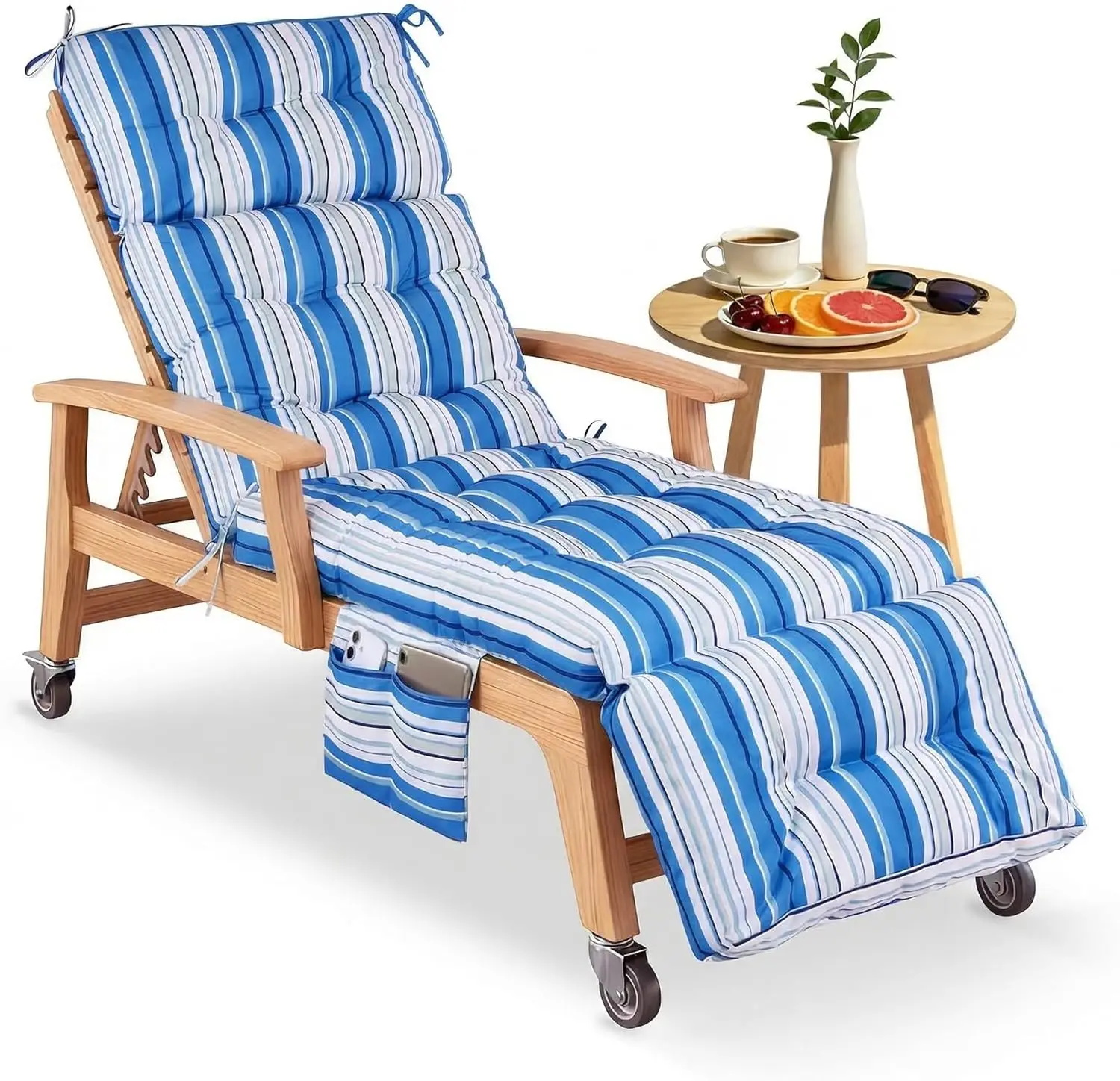 74.4" Outdoor Chaise Lounge Cushion Waterproof Thickened with Ties & Pocket Striped Blue Sage
