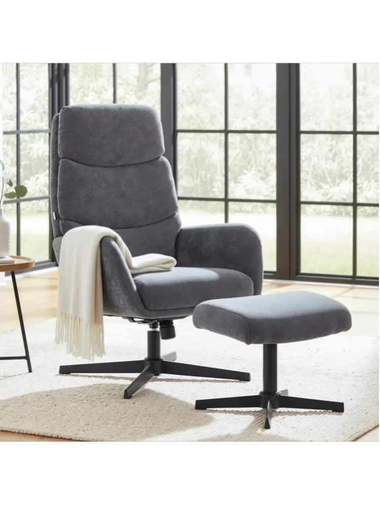 HOMCOM Relaxsessel mit Hocker, Sessel mit hoher Rückenlehne, Loungesessel mit Wippfunktion Leinenoptik Metallsockel, Polstersessel für Wohnzimmer, Schlafzimmer, BeigeGrau