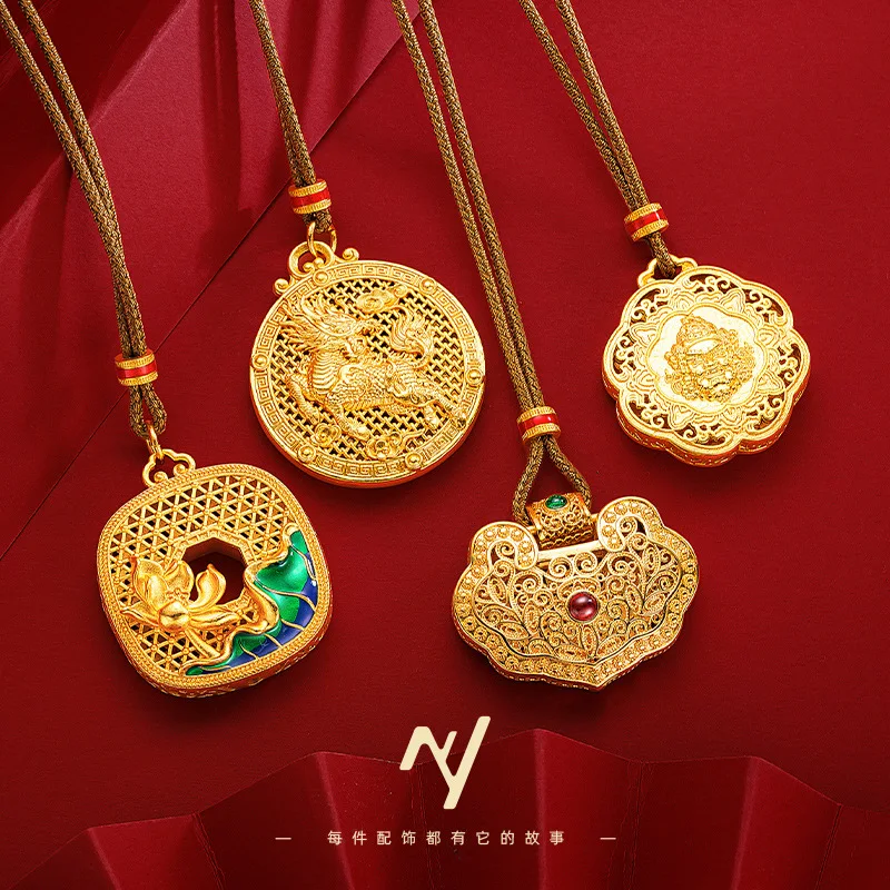 

Luxury and Versatile Women 9999 24K Real Gold Ancient Gold Filigree Pendant Enamel Lotus Yellow Wealth God Unicorn Necklace