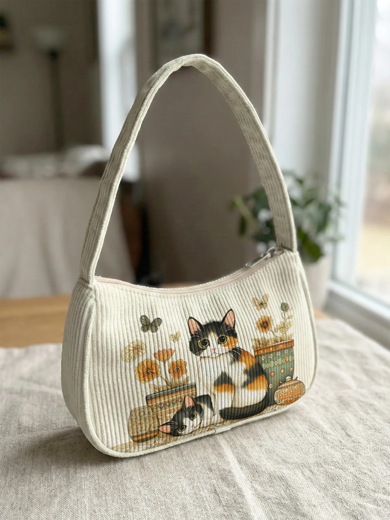Trendy Calico Cat Print Shoulder Bag, Corduroy Underarm Bag for Daily Casual Use