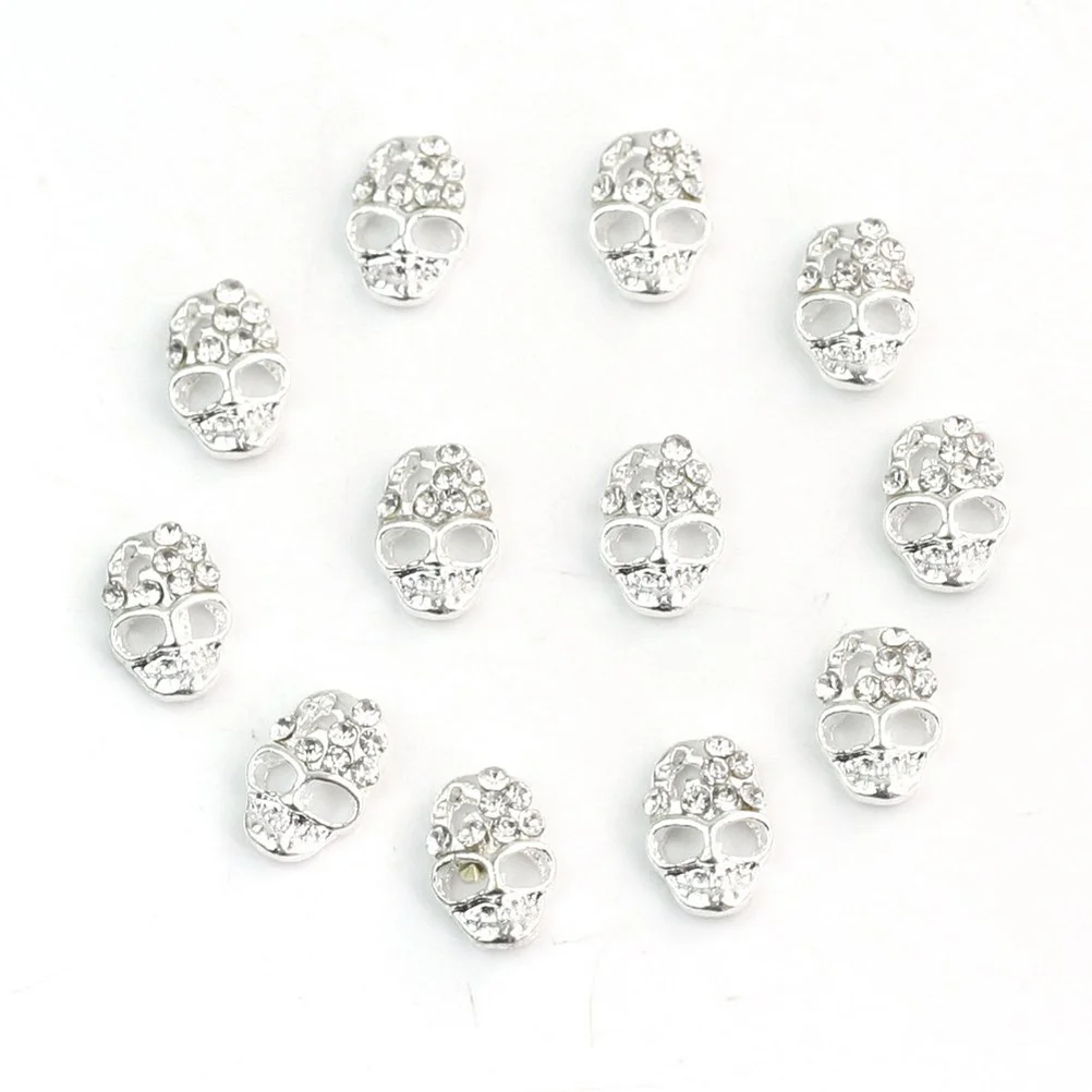 

12Pcs Skull Shape Nail Sticker Nail Art Decoration Silver Alloy Rhinestone Size 10x7mm for Acrylic Uv Gel Polish