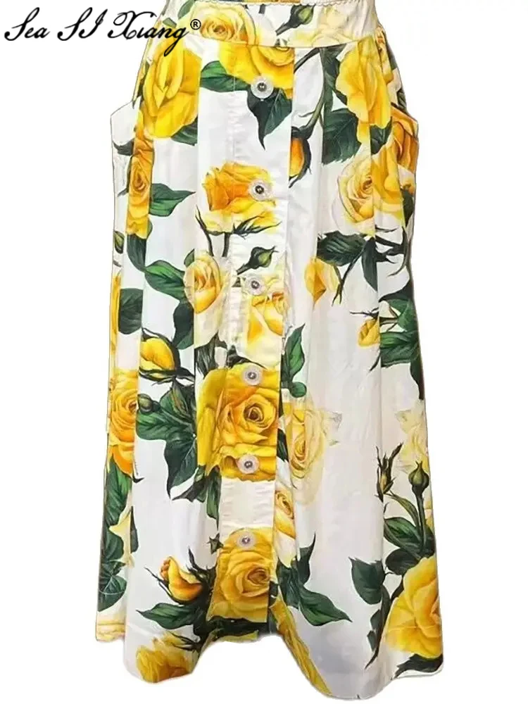 

Seasixiang Designer Summer Cotton Skirt Women's High Waiste Single Breasted Rose Flower Print Pockets Vintage Slit Long Skirt