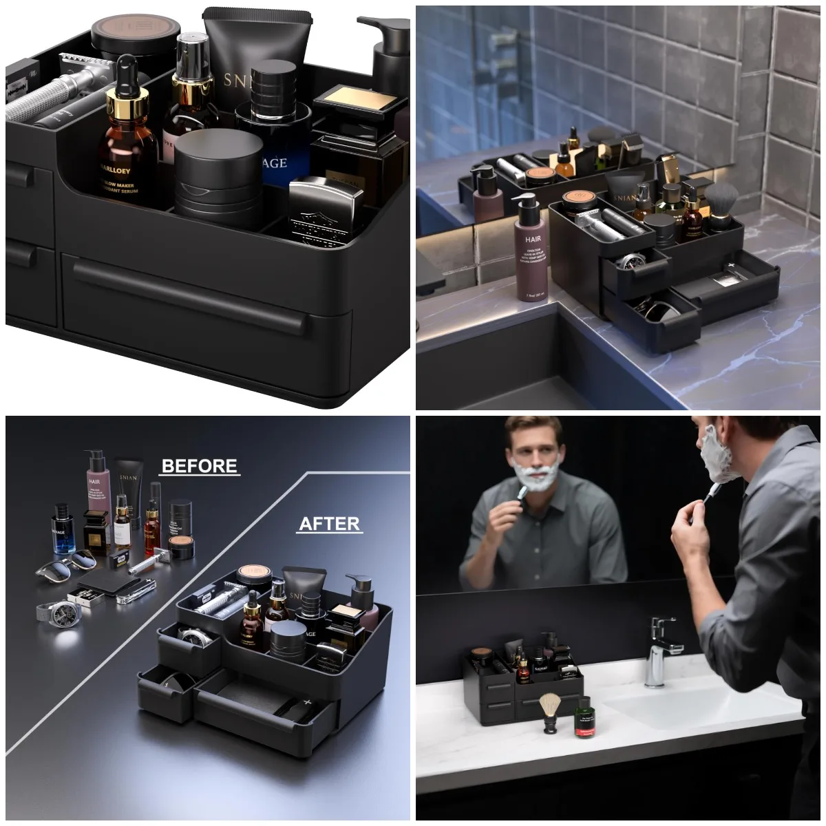 

Мужской органайзер на столешницу с ящиками для одеколон, бритвы, ухода за кожей и духов — хранение в ванной и спальне