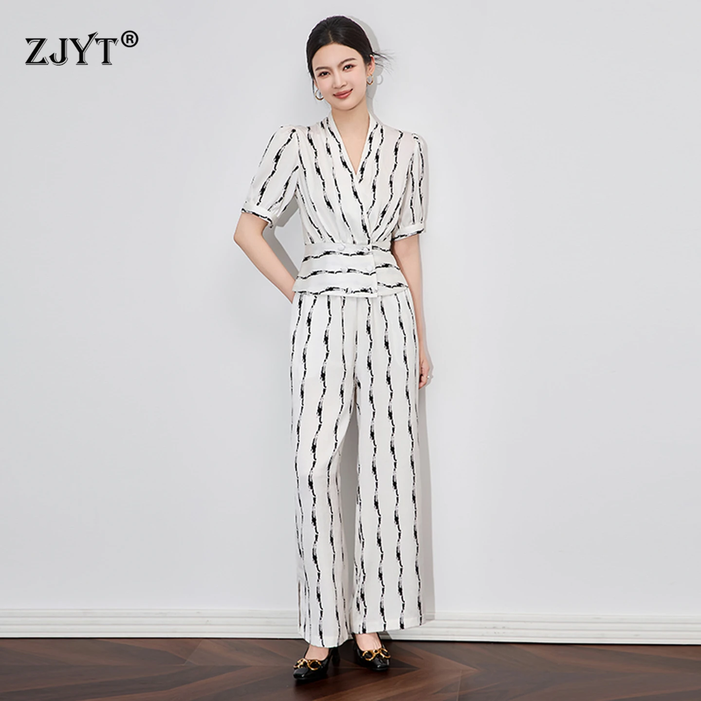 

ZJYT Elegant Lady Summer Striped Print Top And Pant Sets 2 Piece Womens Outfit White Trousers Suit Conjuntos Femininos 2025 New