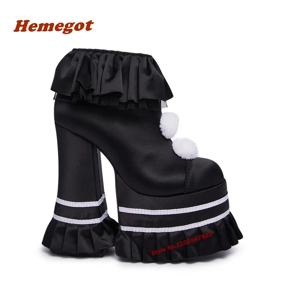 Clown Platform Booties Round Toe Chunky Heels Silk Solid Side Zipper Short Booties Autumn Flounce Pleated Party Luxury Shoes