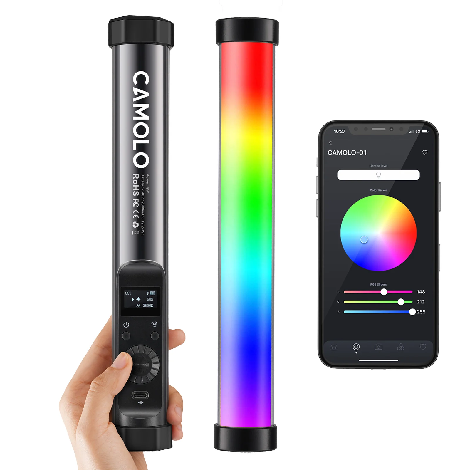 

CAMOLO Rgb Handheld Light Wand Strong Magnetic Led Video Light Stick with App Control Full Color Tube Lighting 2500K-8500K