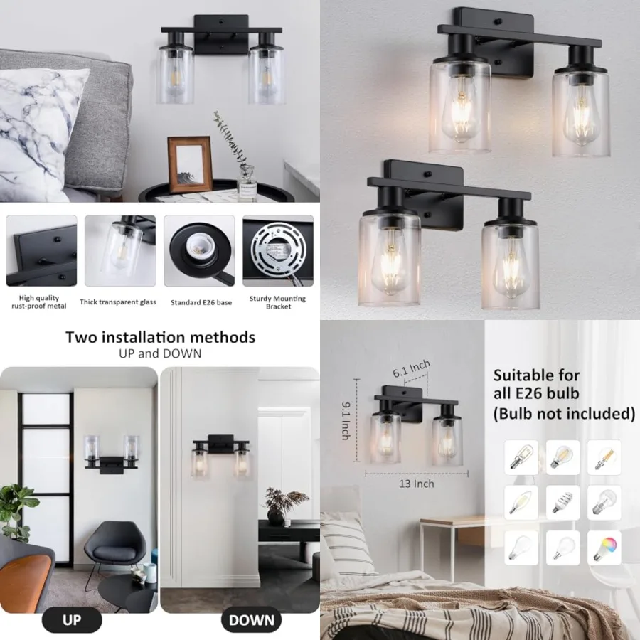 Matte Bathroom Light Fixtures Over Mirror, Bathroom Vanity Light with Clear Glass Shade, Modern Farmhouse Wall Sconces Lighting