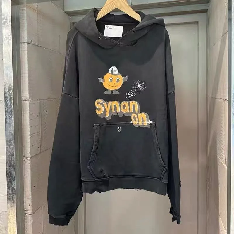 

Винтажная потертая черная толстовка с карманами и принтом алфавита для мужчин и женщин, толстовка премиум-качества из 100% хлопка PALY, осень-зима