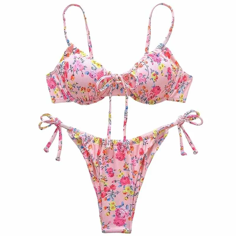 Sexy Women Floral Print Bikini Sets 2026 Push Up Female Swimsuit Thong Suit Swimwear Two Pieces Beach Swimming Suit