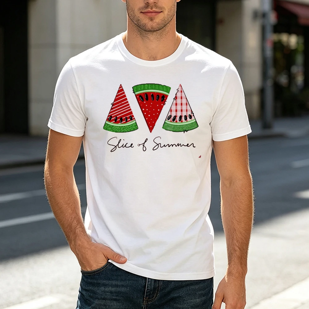 Slice of Summer Watermelon Graphic Men T-shirt Casual Round Neck Tee Short Sleeve Top Fresh Fruit Print Vacation Shirt