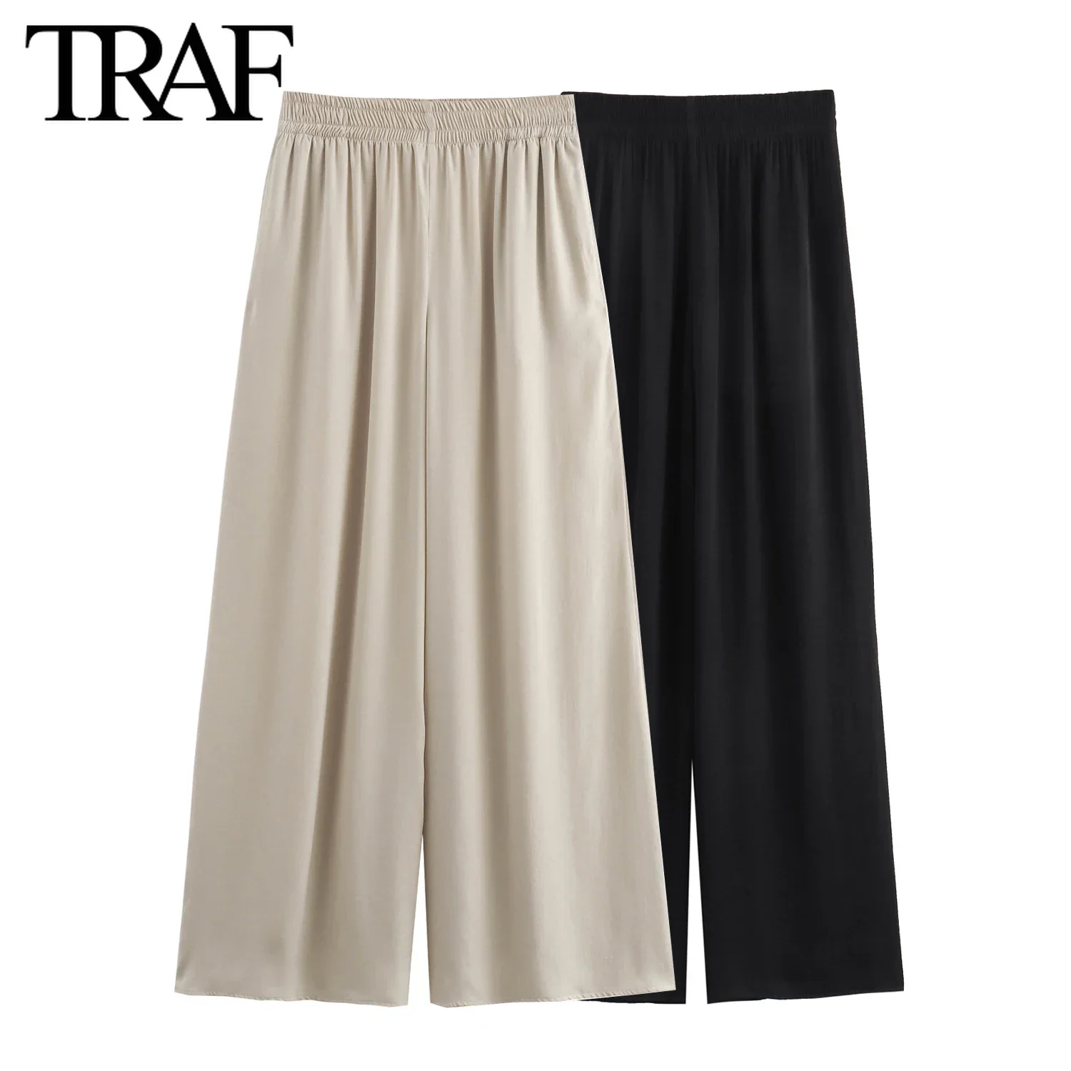 TRAF moda donna primavera estate nuovi pantaloni tinta unita Chic donna elastico in vita pantaloni a gambe larghe Mujer