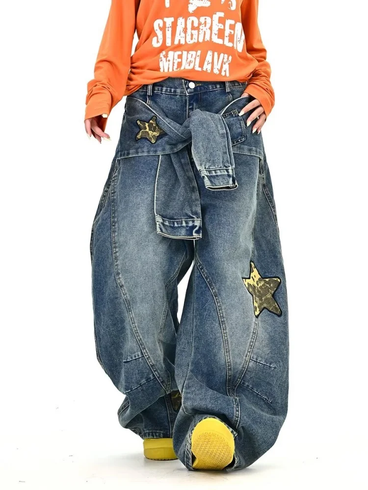 2025 American Retro Y2K Style Leopard Patchwork Baggy Cargo Women' s Jeans Pants Wide Leg Gothic Woman Clothing Denim Trousers