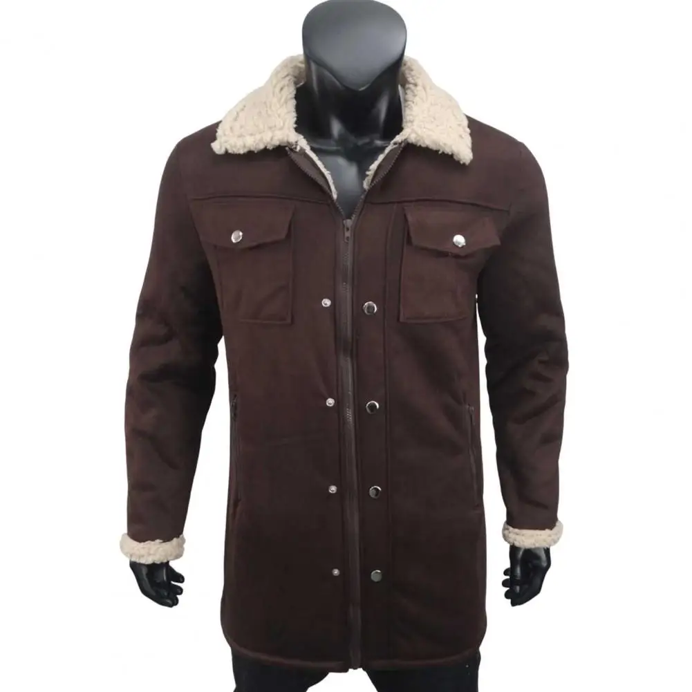 

Men Jacket Autumn Winter Woolen Coat Lapel Single-Breasted Mid-Length Windproof Jacket Suede Multi Pockets Outerwear