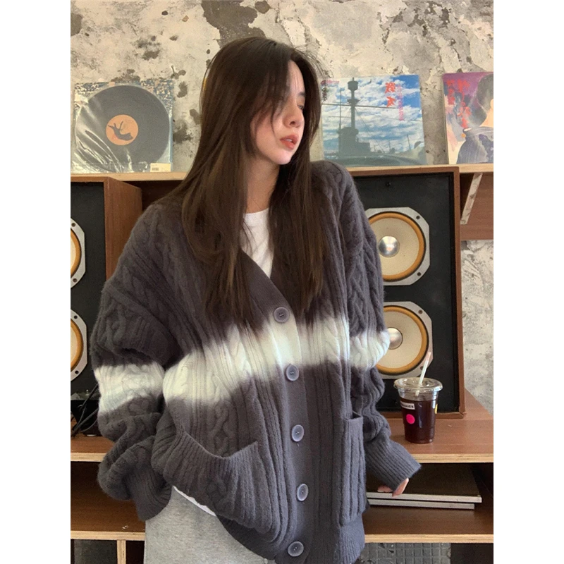 

Women Dark Grey Cardigan Sweater Outerwear Stripe Color Contrast Korean Fashion Lazy Wind Winter Single Breasting Knitting Coat