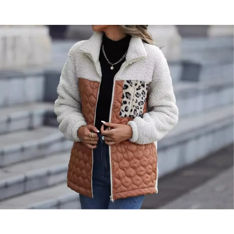 

2025 осенне-зимняя лоскутная женская куртка, толстое плюшевое теплое повседневное пальто с длинными рукавами, мягкий свободный кардиган, женское однотонное пальто на молнии