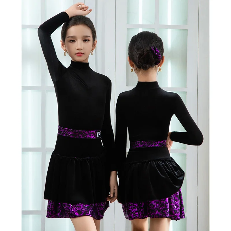 

Autumn Winter Children's Velvet Dancewear Practice Performance Bodysuit and Skirts Kids Girls Latin Dance Practice Dress