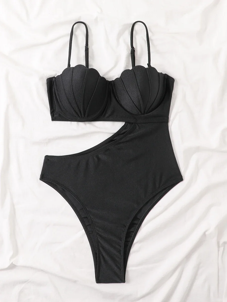 여성용 원피스 솔리드 컷아웃 수영복, 쉘 수영복, 여성 목욕 세트, 여름 비치웨어, 2024