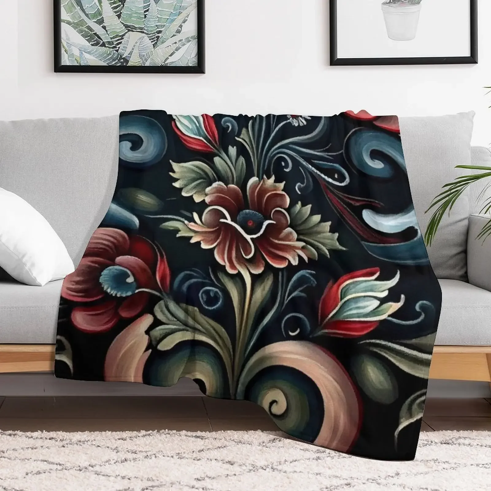 Norwegian Rosemaling-Oil On Canvas #10 Throw Blanket Color Fast Cozy Throw Blanket
